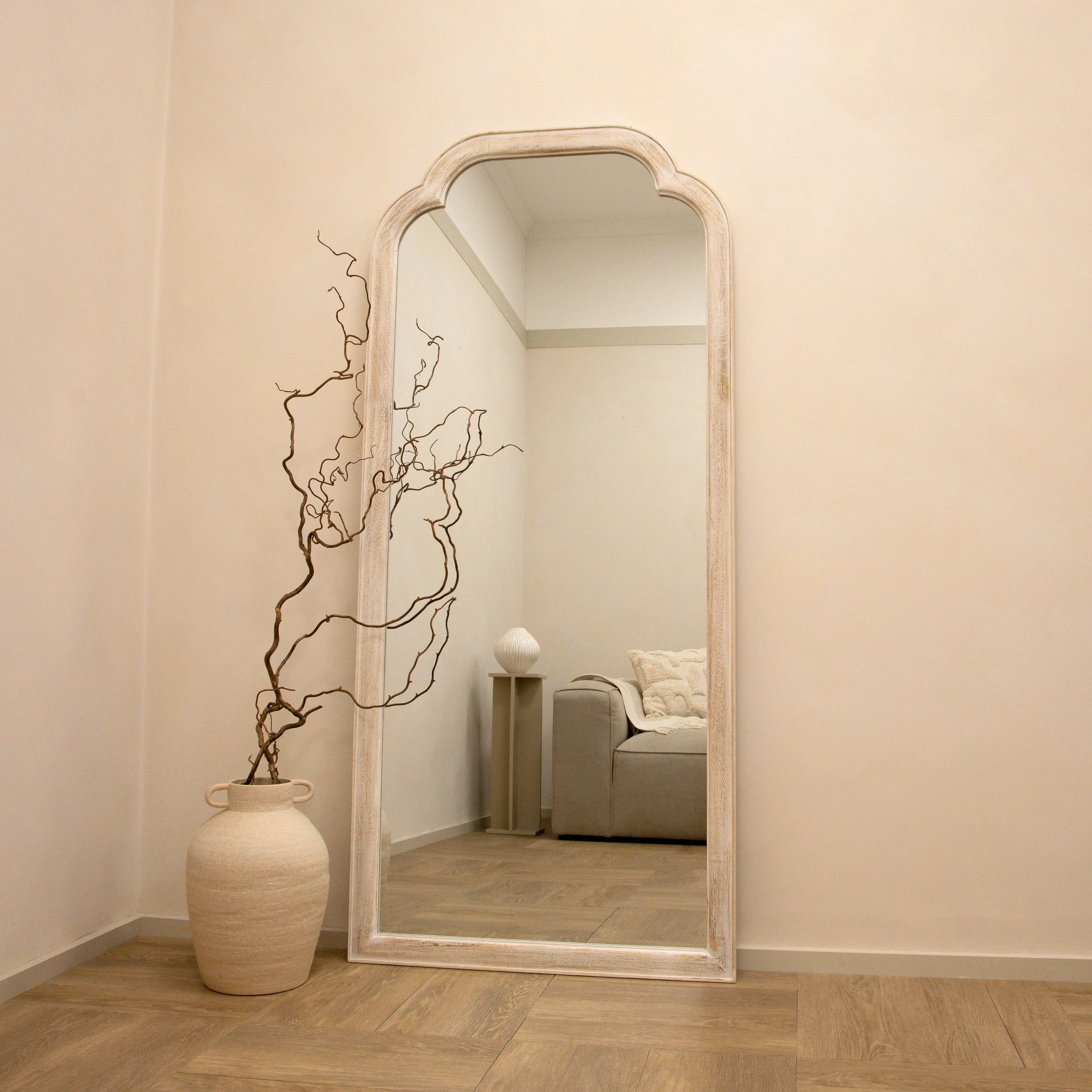 Elena - Miroir Arqué Pleine Longueur en Bois Lavé Blanc - 170 cm x 75 cm Center Kasa