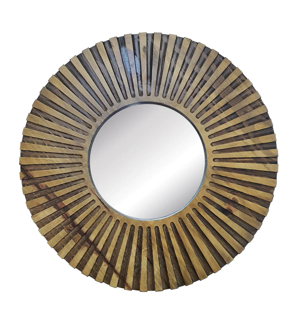 Miroir mural rond aspect bois strié, 52