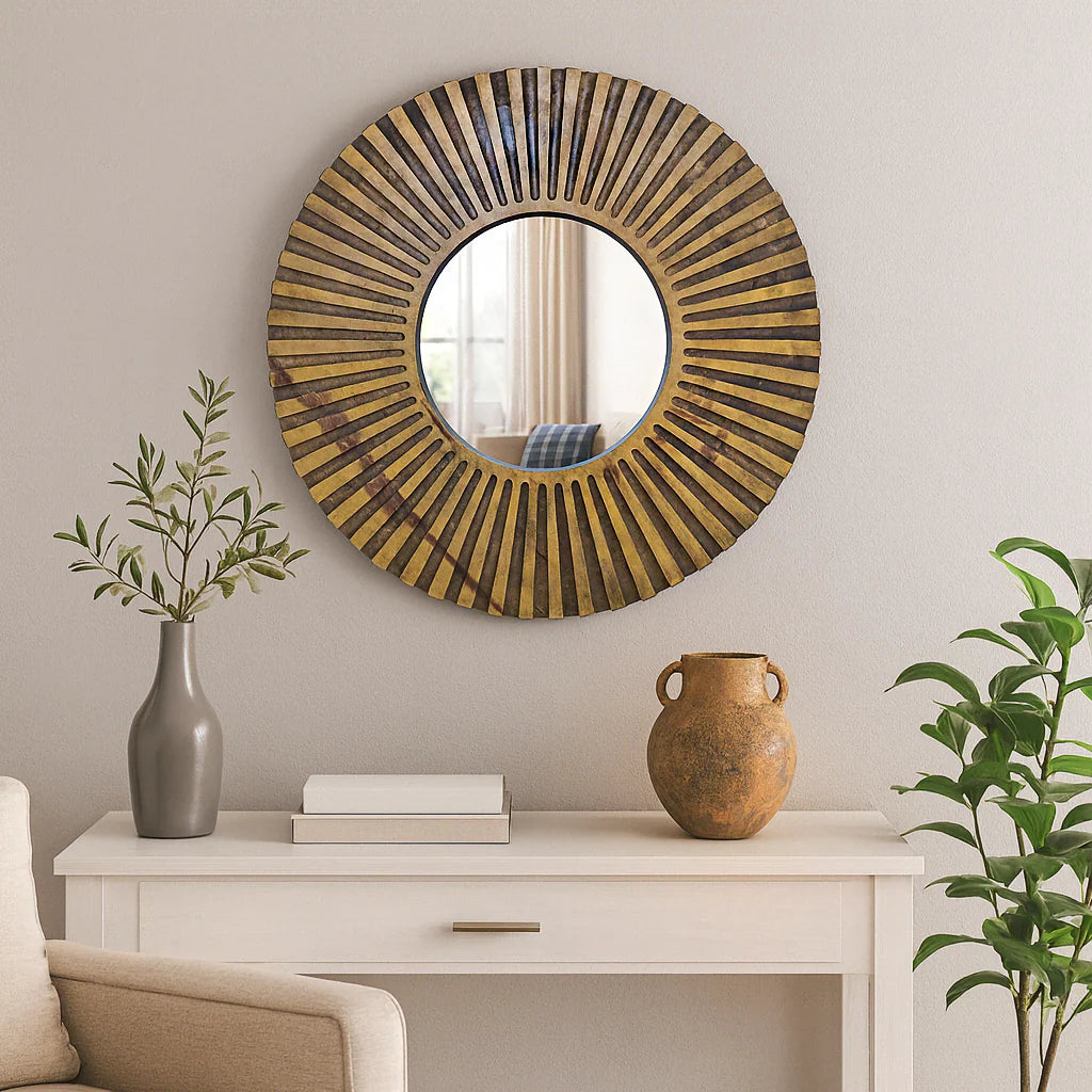 Miroir mural rond aspect bois strié, 52